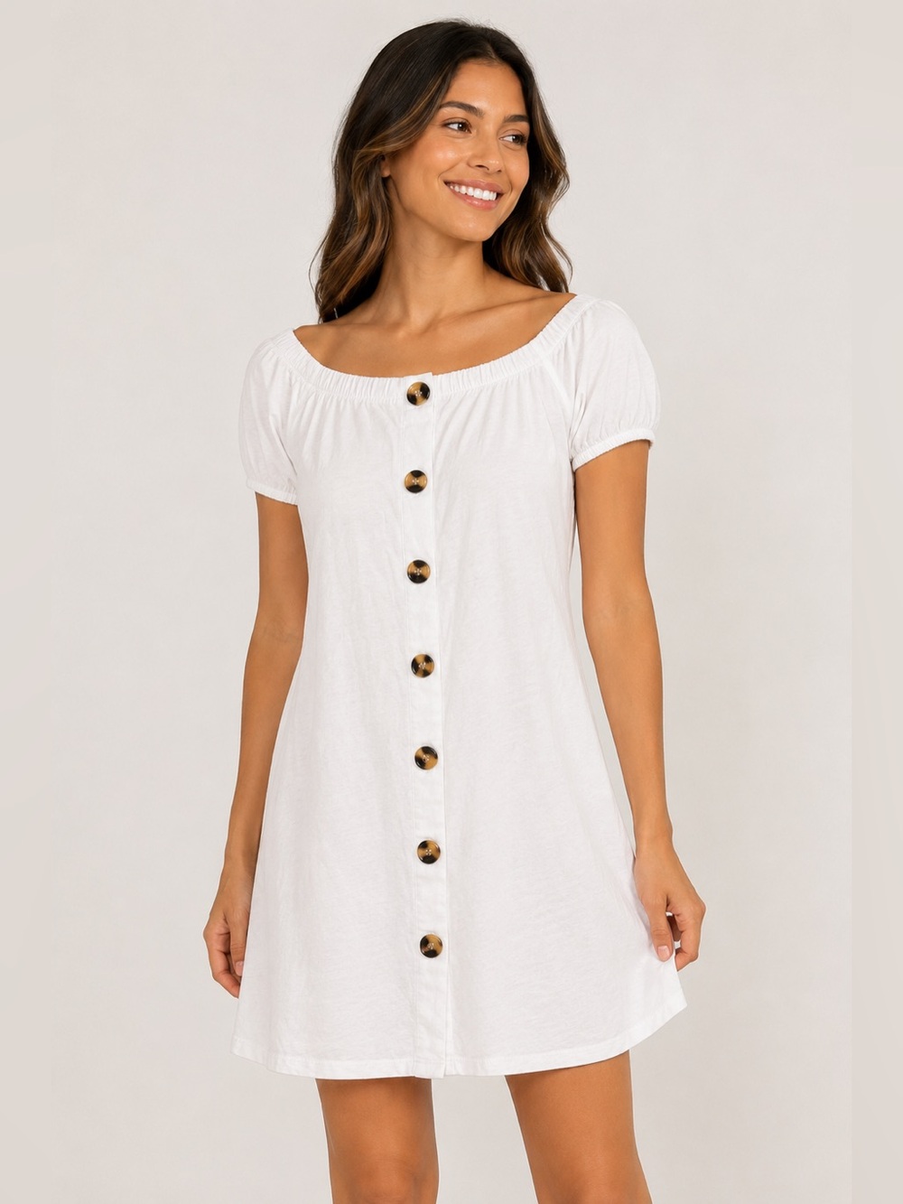 ASOS White Off Shoulder Mini Dress US 6 Tie Back Button Front